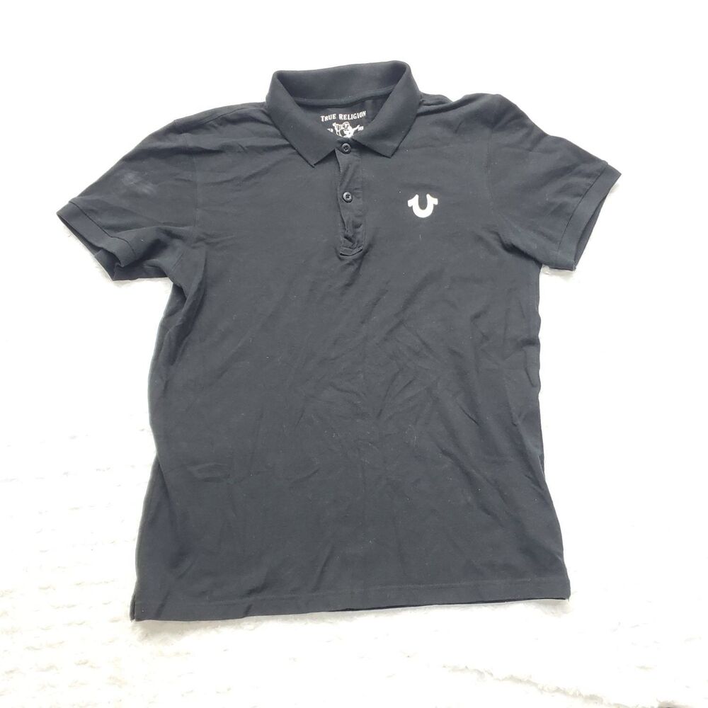 True Religion Mens Polo Shirt Medium Black Horseshoe Logo Crafted With Pride